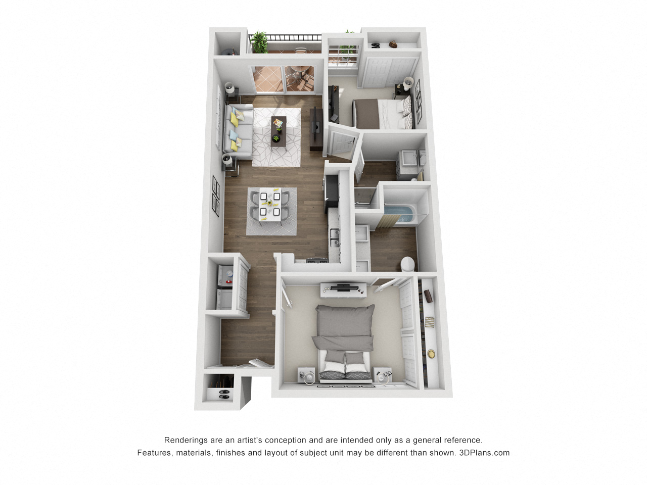Floor plan for 2 beds, 2 baths, 864 sqft